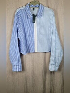 Wild Fable Striped Cropped Zip-Up Collared Shirt - Blue & White